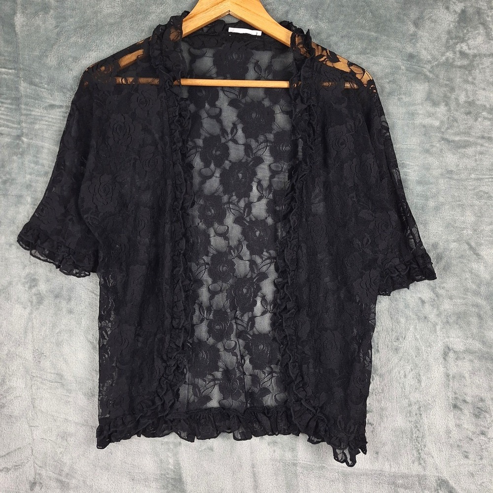 Womens Cardigan Medium Black Floral Lace Whimsigoth Fairy Sheer Ruffle Romantic‎